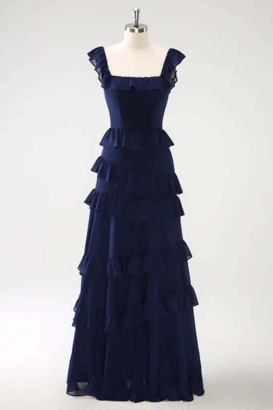 Dark Navy A-Line Tiered Chiffon Long Bridesmaid Dress sold by Zapaka
