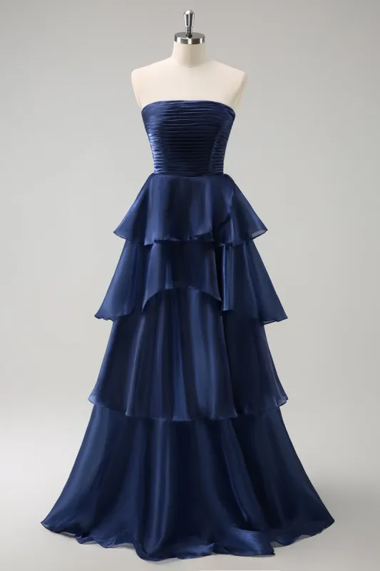 Dark Navy A Line Strapless Tiered Satin Long Bridesmaid Dress sold by Zapaka