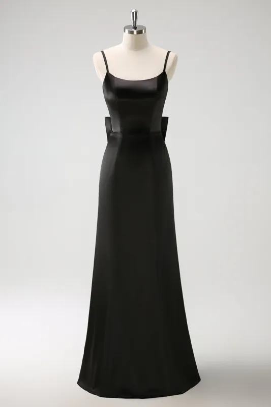 Black Mermaid Spaghetti Straps Ruffed Bow Back Satin Long Bridesmaid Dress sold by Zapaka
