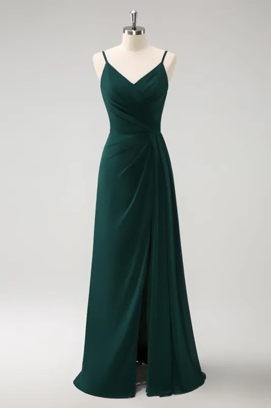 Dark Green Spaghetti Straps Ruche Long Bridesmaid Dress with Slit sold by Zapaka
