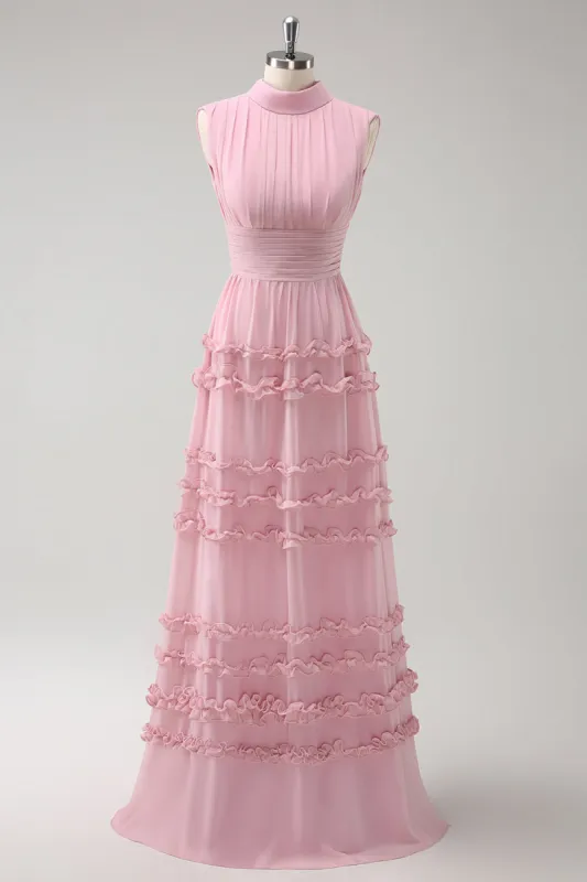 Blush Ruffled Chiffon A-Line Bridesmaid Dress with Open Back sold by Zapaka