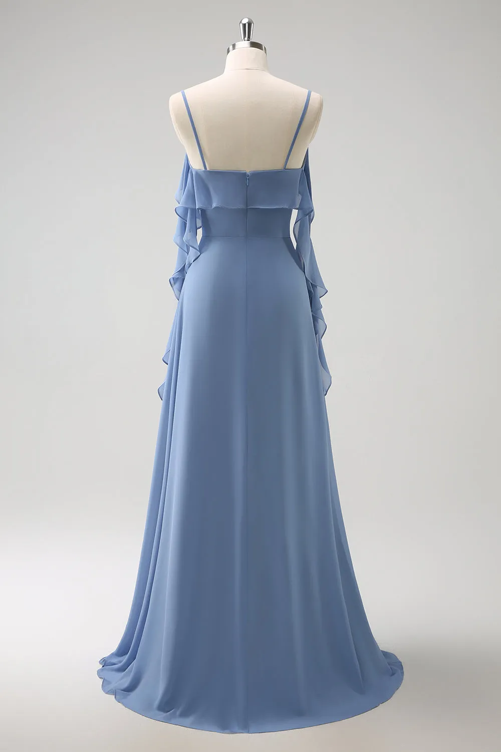 Grey Blue A-Line Spaghetti Straps Chiffon Long Bridesmaid Dress with Slit sold by Zapaka product image thumbnail 2
