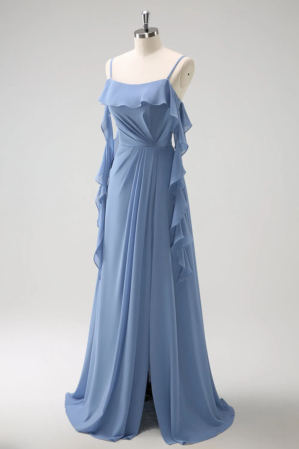Grey Blue A-Line Spaghetti Straps Chiffon Long Bridesmaid Dress with Slit sold by Zapaka product image thumbnail 3