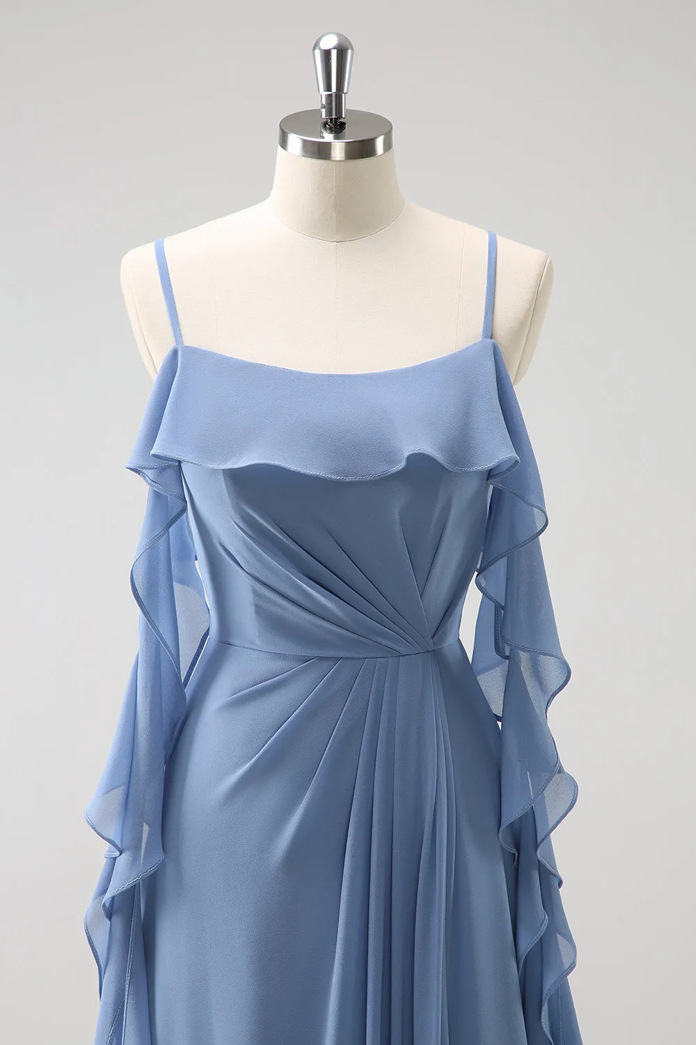 Grey Blue A-Line Spaghetti Straps Chiffon Long Bridesmaid Dress with Slit sold by Zapaka product image thumbnail 4