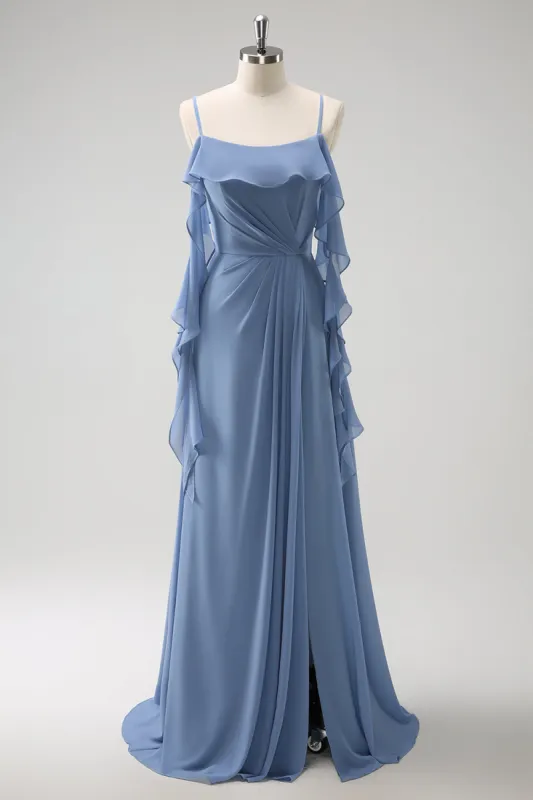 Grey Blue A-Line Spaghetti Straps Chiffon Long Bridesmaid Dress with Slit sold by Zapaka