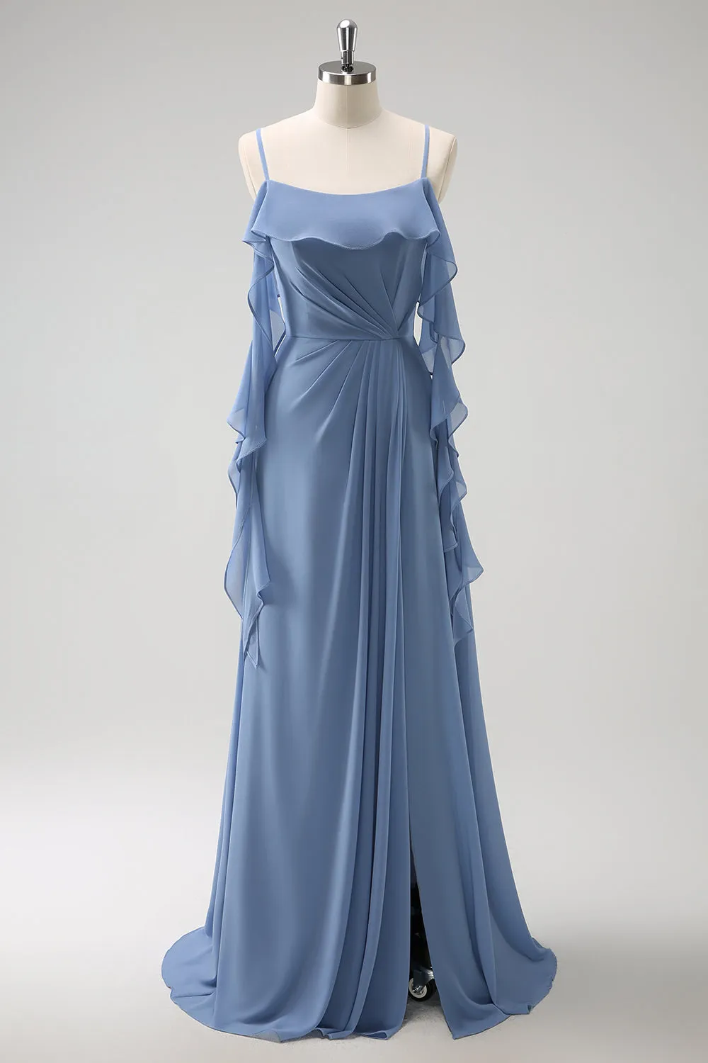 Grey Blue A-Line Spaghetti Straps Chiffon Long Bridesmaid Dress with Slit sold by Zapaka