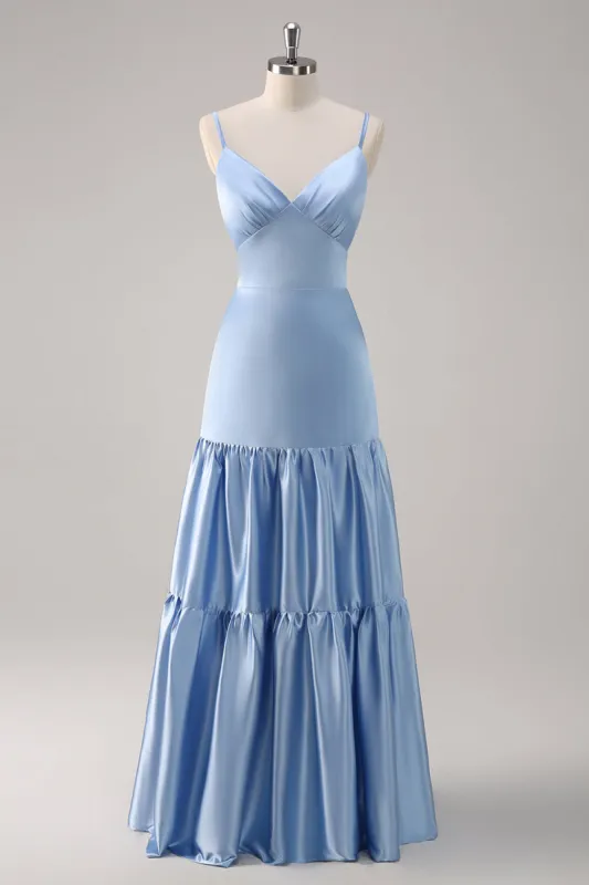 Sky Blue A-Line Spaghetti Straps Satin Long Bridesmaid Dress sold by Zapaka