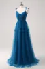 Dark Blue Spaghetti Straps A-Line Tulle Long Bridesmaid Dress sold by Zapaka
