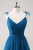 Dark Blue Spaghetti Straps A-Line Tulle Long Bridesmaid Dress sold by Zapaka