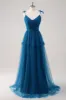 Dark Blue Spaghetti Straps A-Line Tulle Long Bridesmaid Dress sold by Zapaka