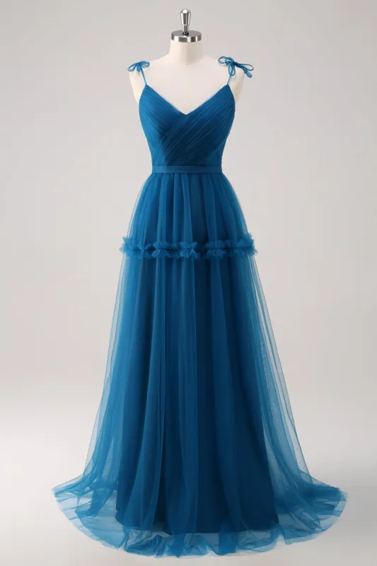 Dark Blue Spaghetti Straps A-Line Tulle Long Bridesmaid Dress sold by Zapaka