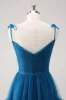 Dark Blue Spaghetti Straps A-Line Tulle Long Bridesmaid Dress sold by Zapaka