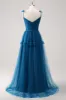 Dark Blue Spaghetti Straps A-Line Tulle Long Bridesmaid Dress sold by Zapaka
