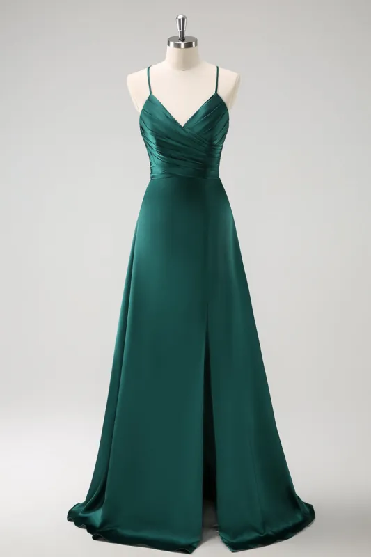Dark Green A-Line Ruched Lace-Up Back Satin Long Bridesmaid Dress sold by Zapaka