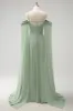 Light Green Cold Shoulder Detachable Sleeves A-Line Chiffon Long Bridesmaid Dress sold by Zapaka