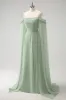 Light Green Cold Shoulder Detachable Sleeves A-Line Chiffon Long Bridesmaid Dress sold by Zapaka