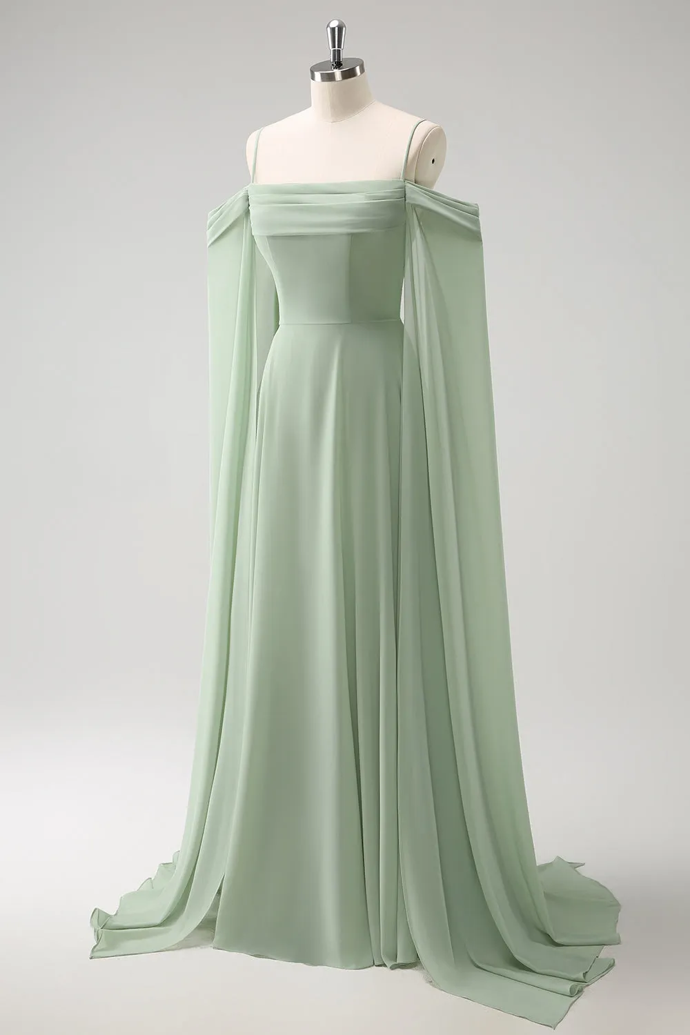Light Green Cold Shoulder Detachable Sleeves A-Line Chiffon Long Bridesmaid Dress sold by Zapaka product image thumbnail 3