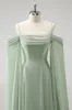 Light Green Cold Shoulder Detachable Sleeves A-Line Chiffon Long Bridesmaid Dress sold by Zapaka