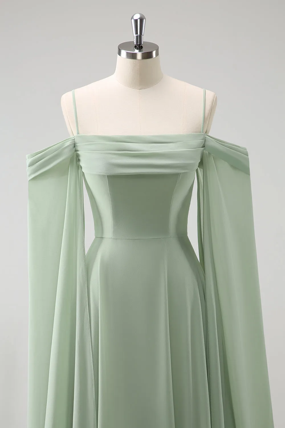 Light Green Cold Shoulder Detachable Sleeves A-Line Chiffon Long Bridesmaid Dress sold by Zapaka product image thumbnail 4