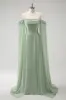 Light Green Cold Shoulder Detachable Sleeves A-Line Chiffon Long Bridesmaid Dress sold by Zapaka