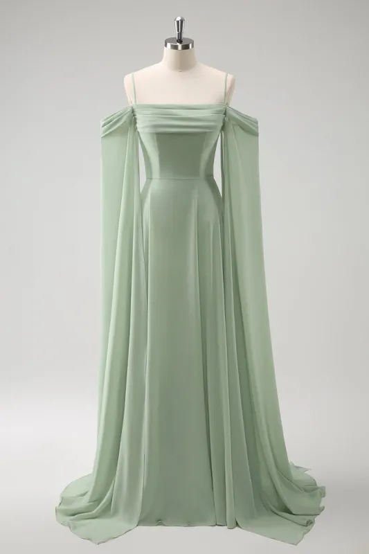 Light Green Cold Shoulder Detachable Sleeves A-Line Chiffon Long Bridesmaid Dress sold by Zapaka
