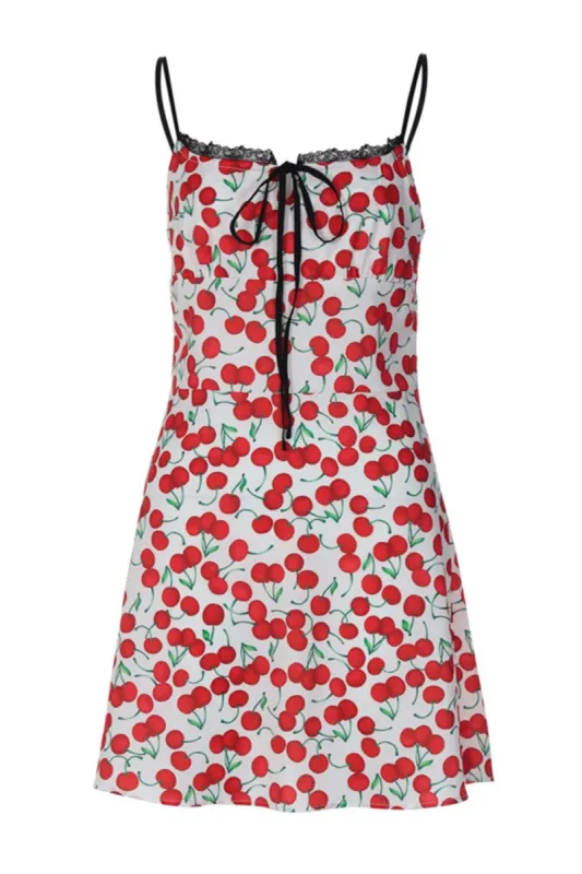 Spaghetti Straps Printed Red Casual Dress with Lace sold by Zapaka