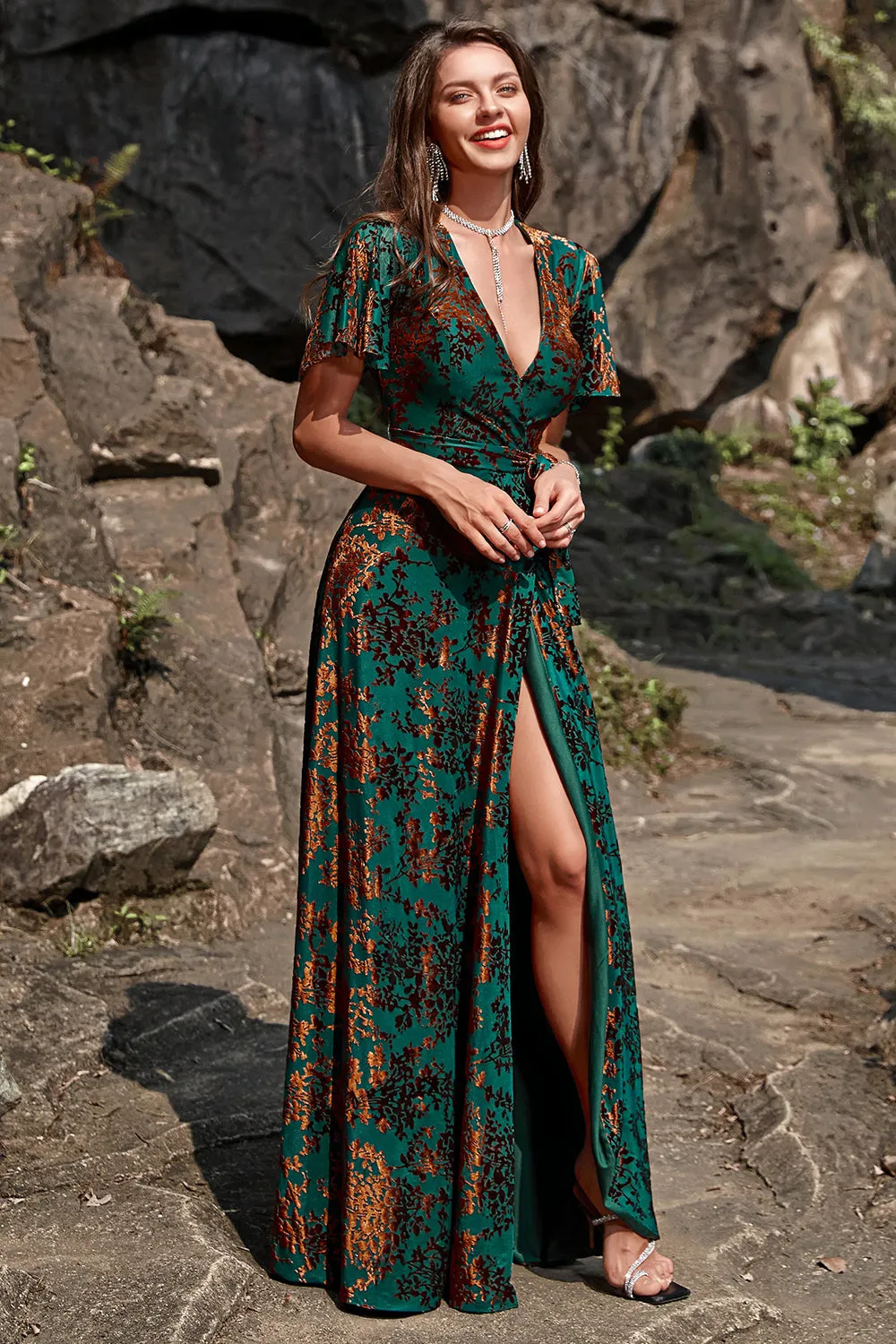A-Line V Neck Dark Green Burnout Velvet Floor Length Prom Dress with Short Sleeves sold by Zapaka product image thumbnail 4