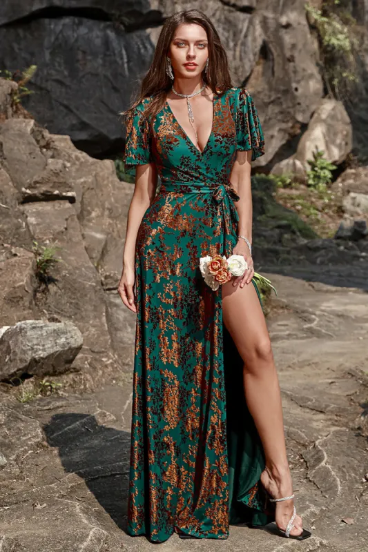 A-Line V Neck Dark Green Burnout Velvet Floor Length Prom Dress with Short Sleeves sold by Zapaka