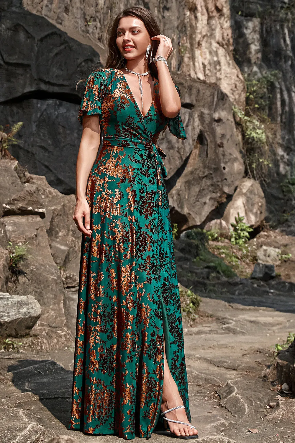 A-Line V Neck Dark Green Burnout Velvet Floor Length Prom Dress with Short Sleeves sold by Zapaka product image thumbnail 5