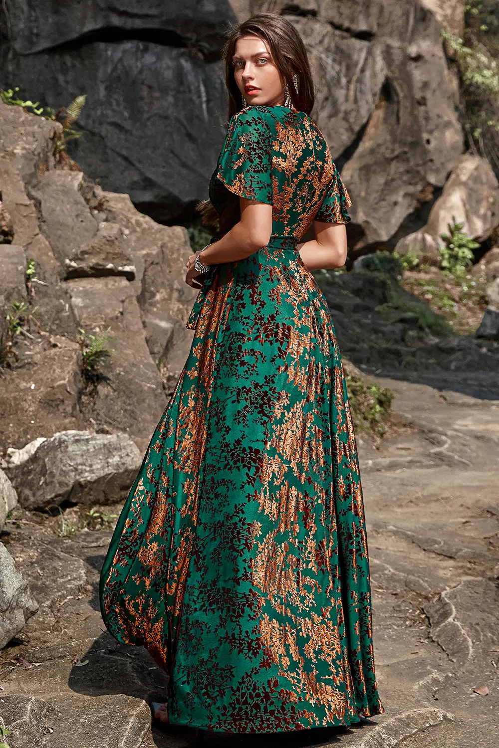 A-Line V Neck Dark Green Burnout Velvet Floor Length Prom Dress with Short Sleeves sold by Zapaka product image thumbnail 2