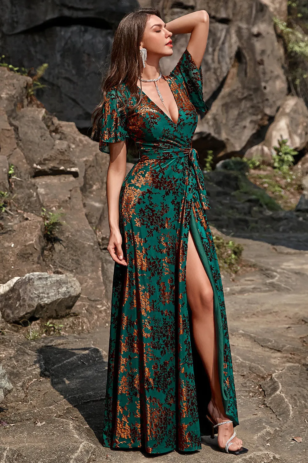 A-Line V Neck Dark Green Burnout Velvet Floor Length Prom Dress with Short Sleeves sold by Zapaka product image thumbnail 3
