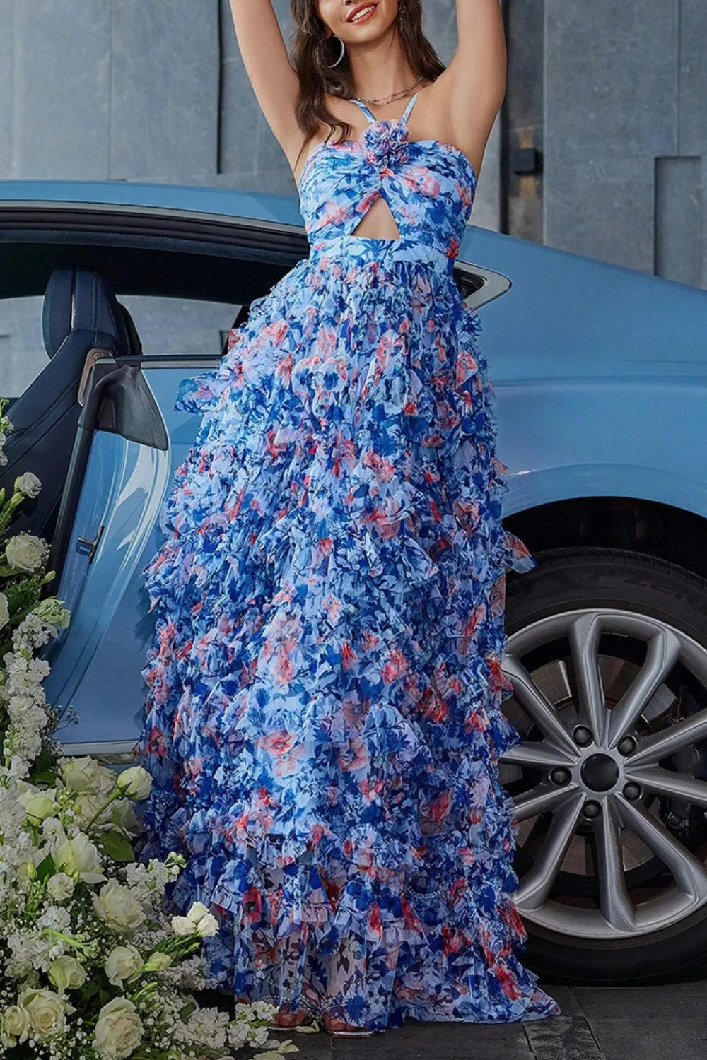 Blue Flower Cut Out A-line Floral Formal Dress sold by Zapaka product image thumbnail 4