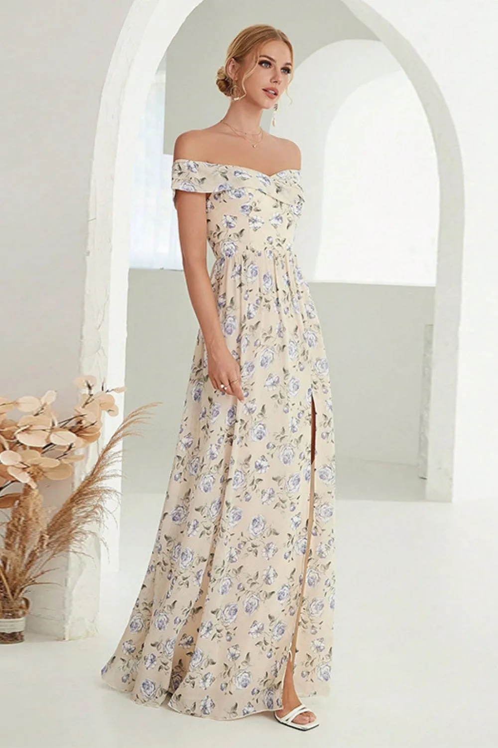 Apricot A-Line Off the Shoulder Floral Long Prom Dress with Slit sold by Zapaka product image thumbnail 4