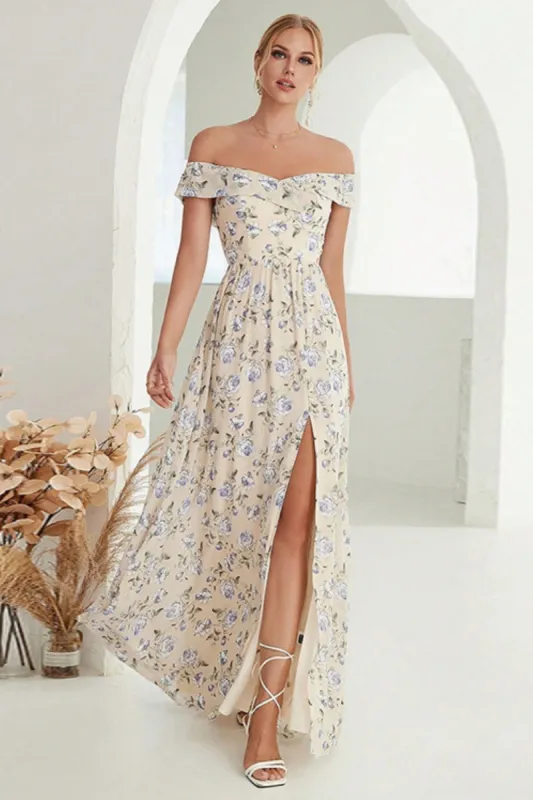 Apricot A-Line Off the Shoulder Floral Long Prom Dress with Slit made by Zapaka