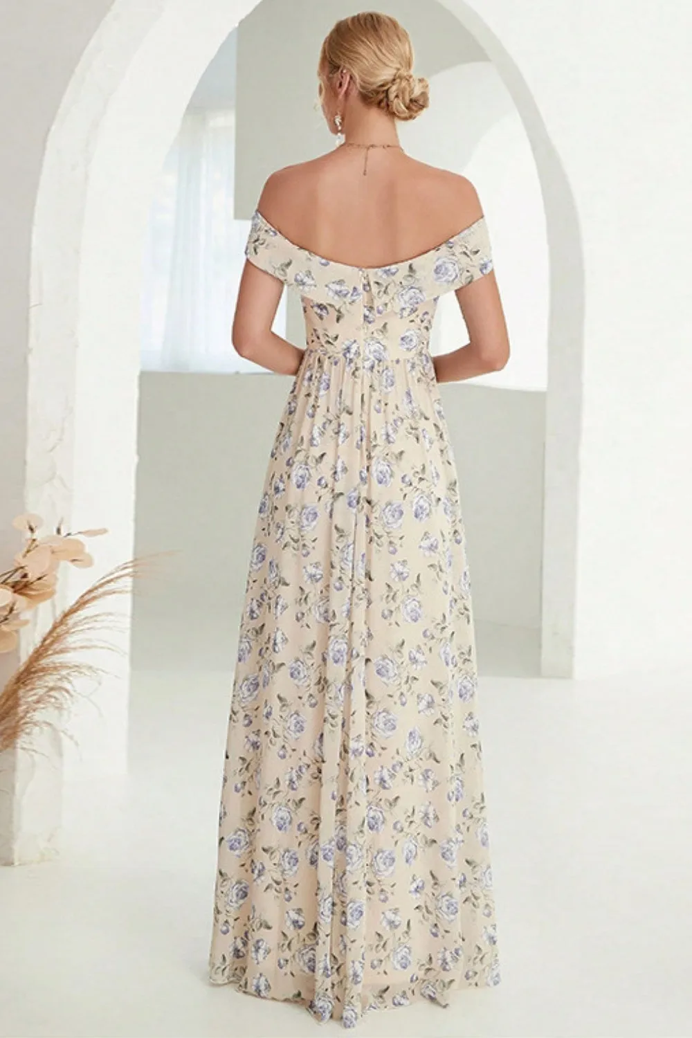 Apricot A-Line Off the Shoulder Floral Long Prom Dress with Slit sold by Zapaka product image thumbnail 2