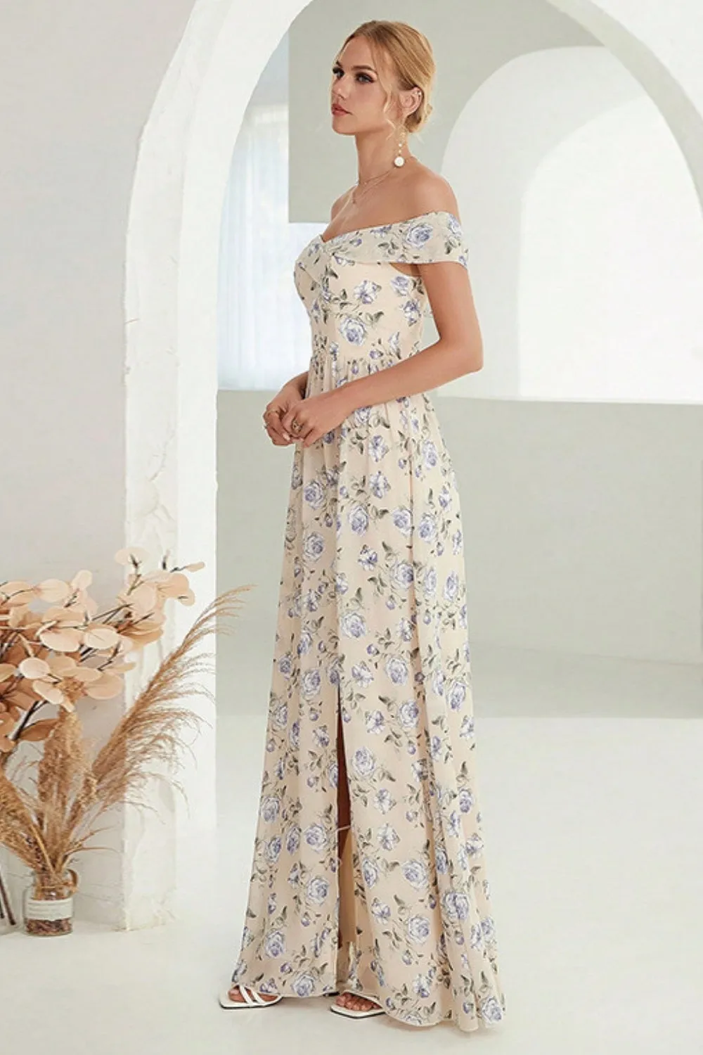 Apricot A-Line Off the Shoulder Floral Long Prom Dress with Slit sold by Zapaka product image thumbnail 3