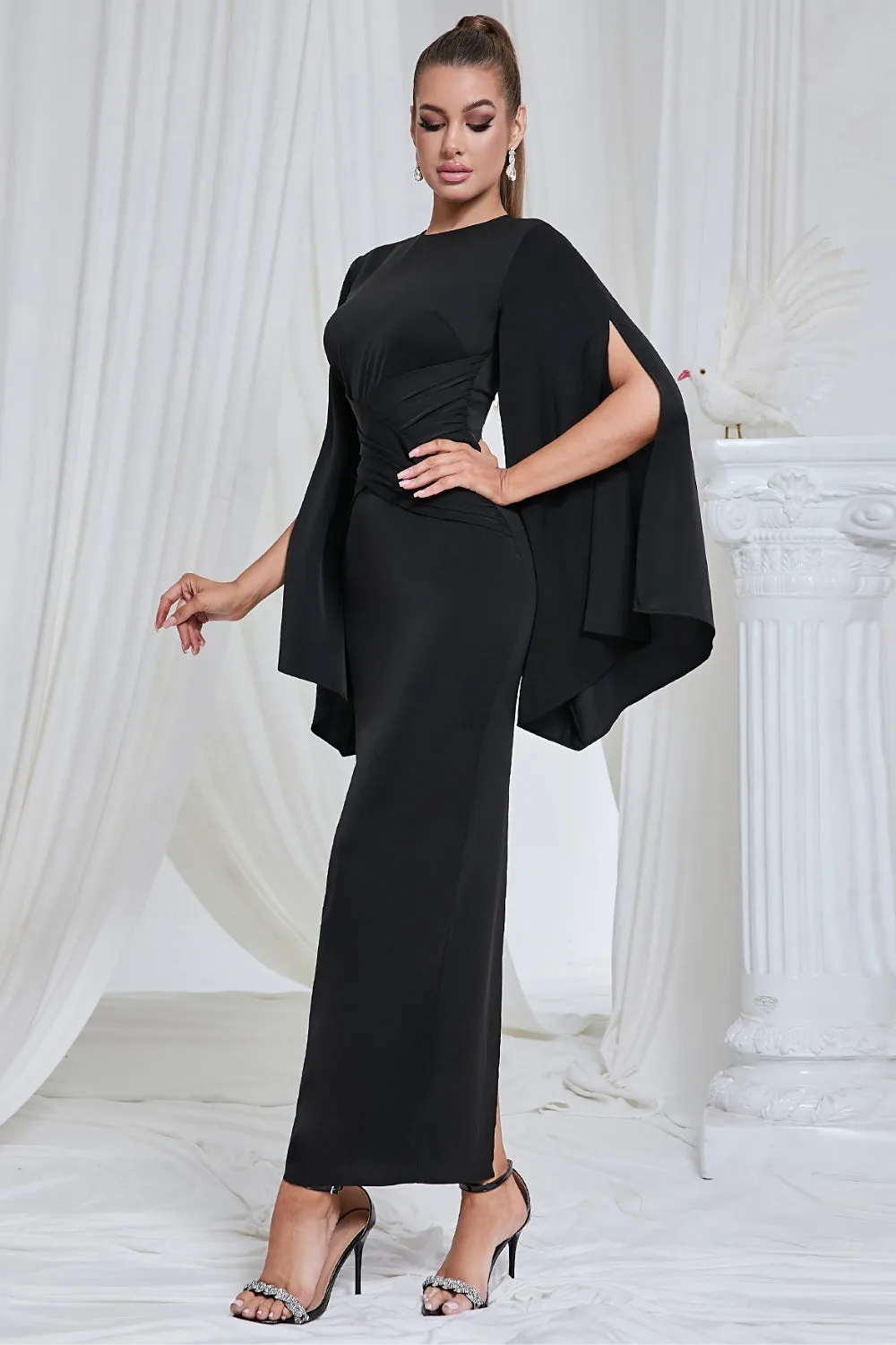 Black Mermaid Long Sleeves Ruched Long Prom Dress with Slit sold by Zapaka product image thumbnail 2
