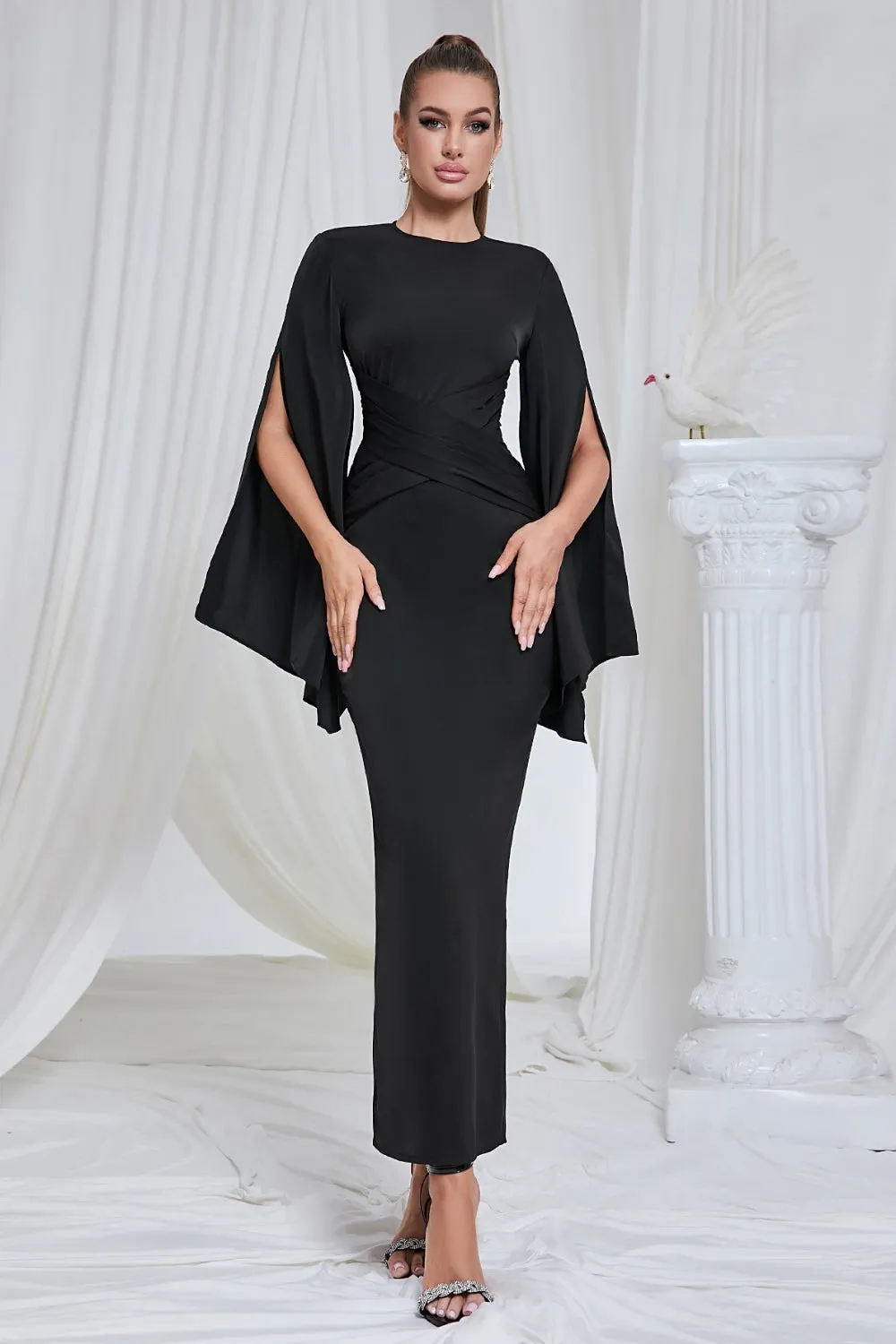 Black Mermaid Long Sleeves Ruched Long Prom Dress with Slit sold by Zapaka product image thumbnail 3