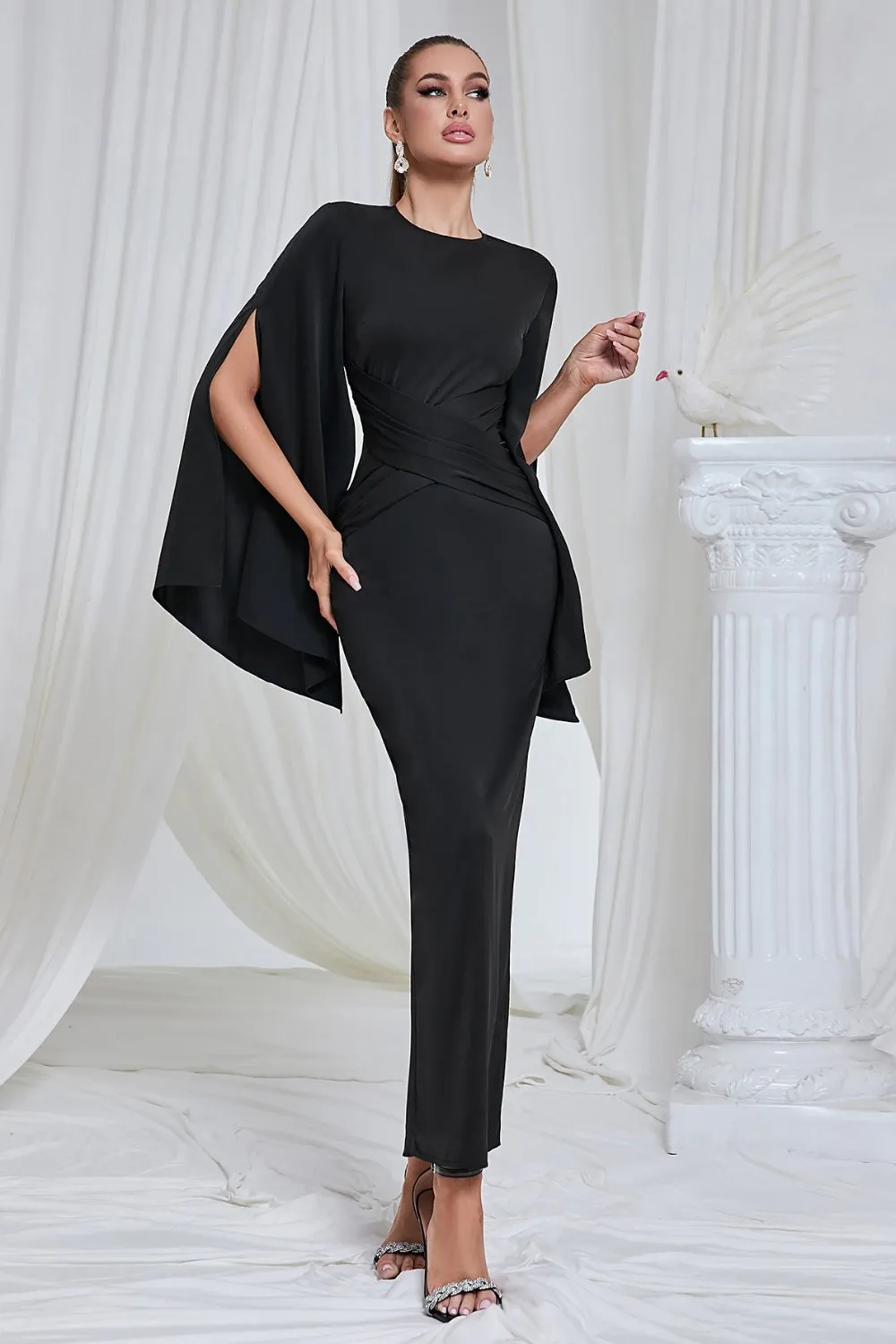 Black Mermaid Long Sleeves Ruched Long Prom Dress with Slit sold by Zapaka