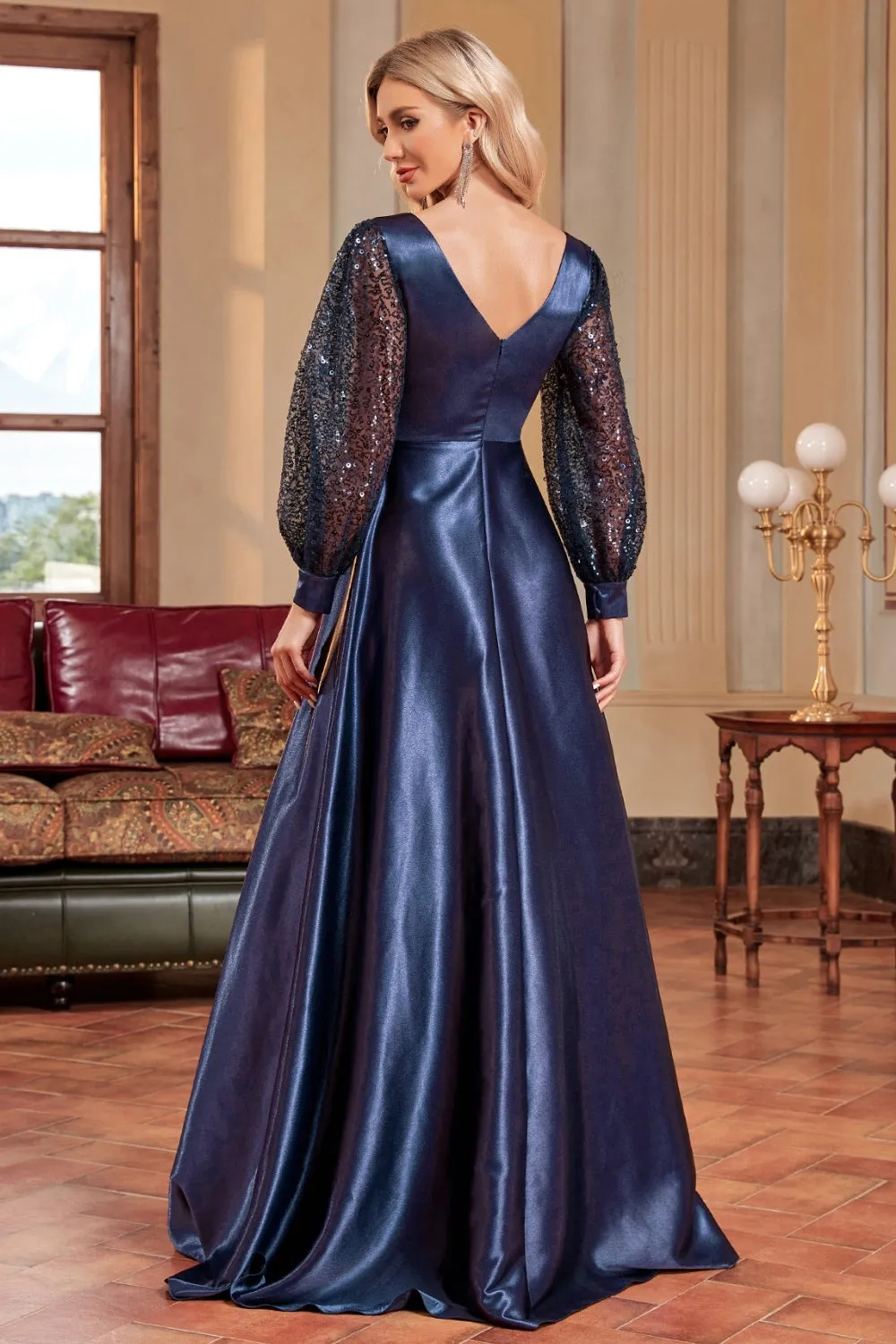 Sparkly Blush A-Line Wrap Seqin Long Sleeves Satin Long Formal Dress sold by Zapaka product image thumbnail 2