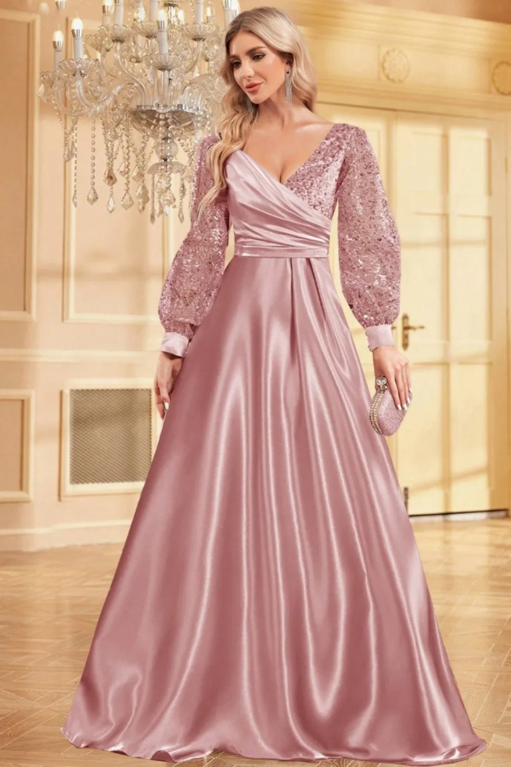 Sparkly Blush A-Line Wrap Seqin Long Sleeves Satin Long Formal Dress sold by Zapaka
