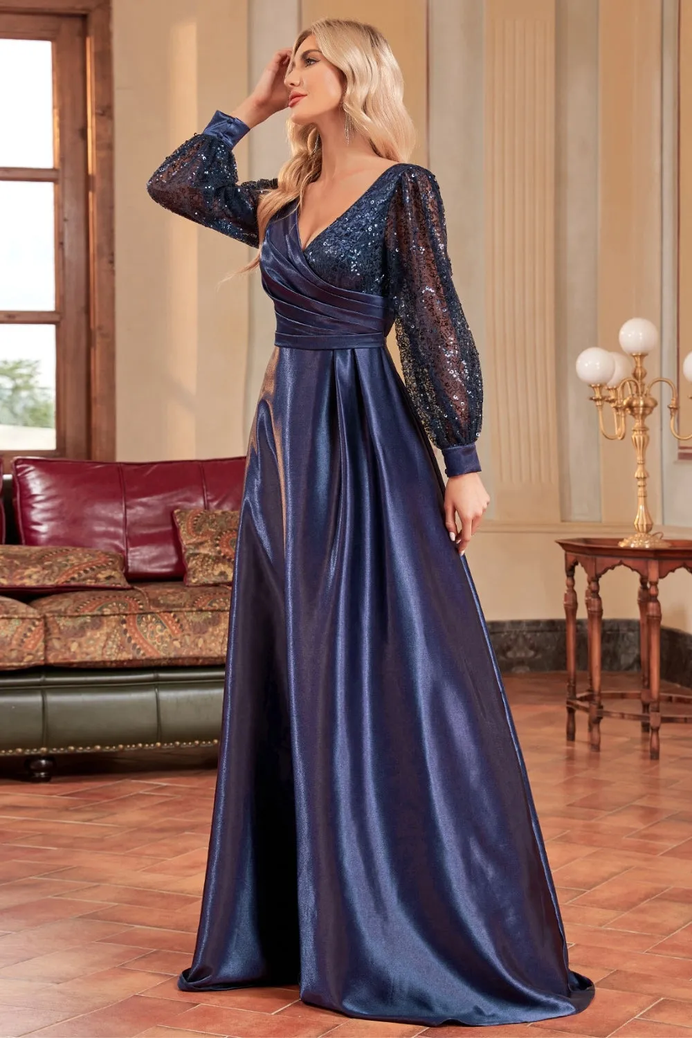 Sparkly Blush A-Line Wrap Seqin Long Sleeves Satin Long Formal Dress sold by Zapaka product image thumbnail 5