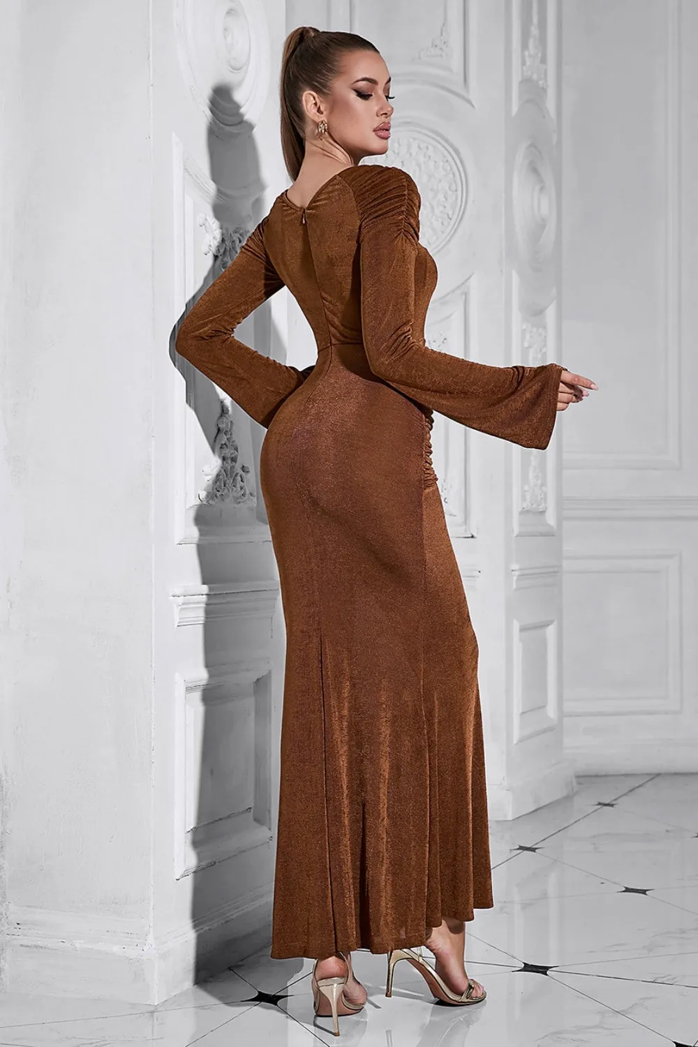 Brown Mermaid Long Sleeves Ruched Round Neck Long Prom Dress sold by Zapaka product image thumbnail 3