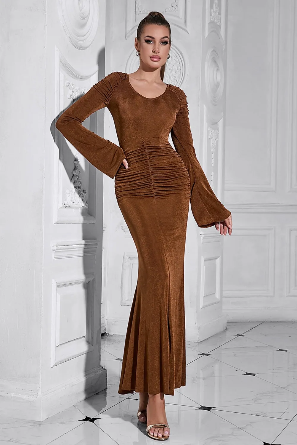 Brown Mermaid Long Sleeves Ruched Round Neck Long Prom Dress sold by Zapaka product image thumbnail 4