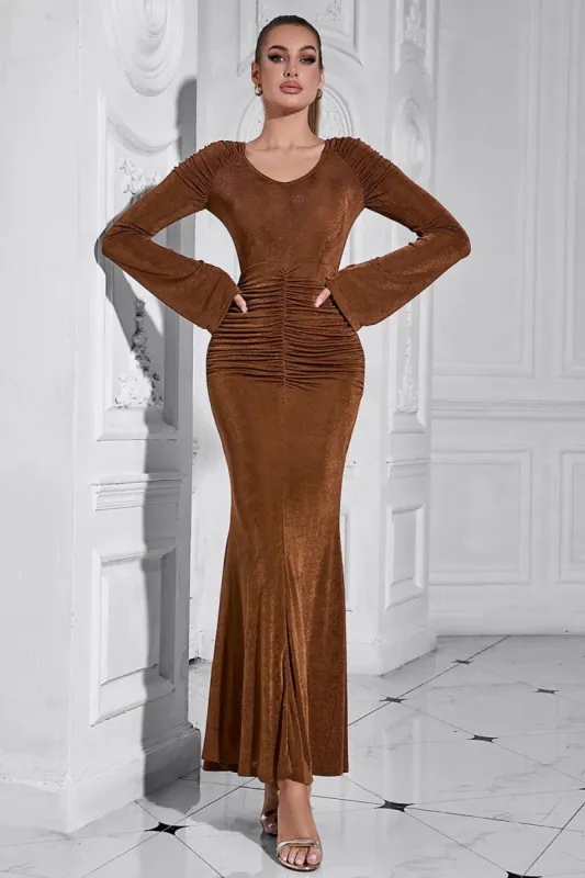Brown Mermaid Long Sleeves Ruched Round Neck Long Prom Dress sold by Zapaka