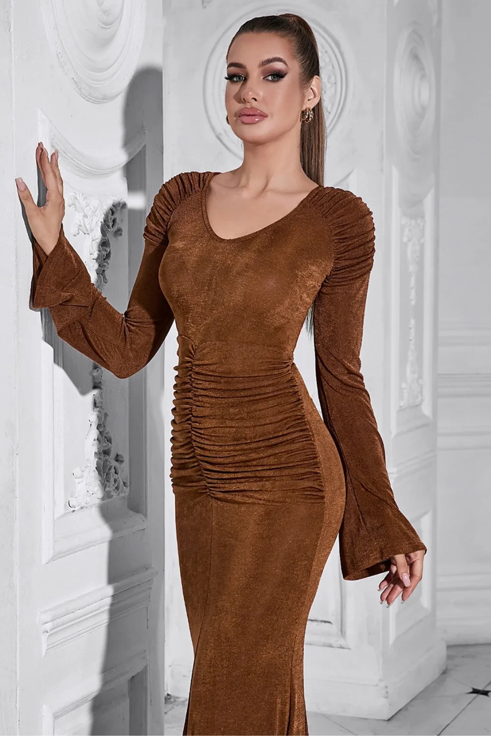 Brown Mermaid Long Sleeves Ruched Round Neck Long Prom Dress sold by Zapaka product image thumbnail 5