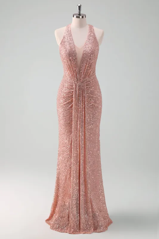 Sparkly Blush Halter Mermaid Long Prom Dress sold by Zapaka