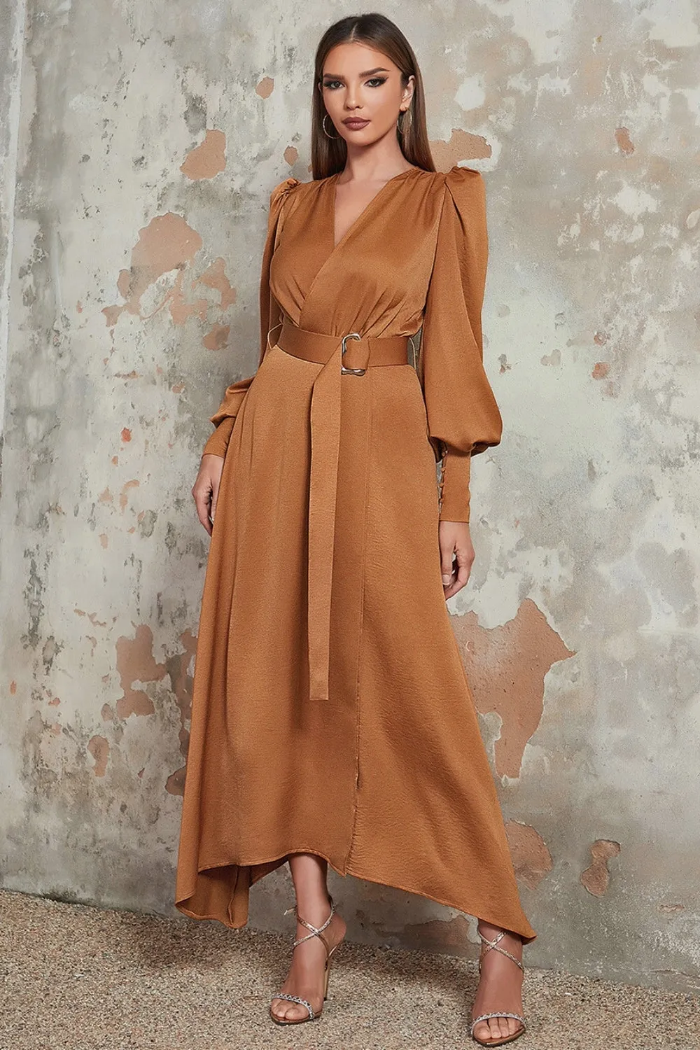 Camel A-Line Wrap V Neck Long Sleeves Long Prom Dress with Belt sold by Zapaka product image thumbnail 4