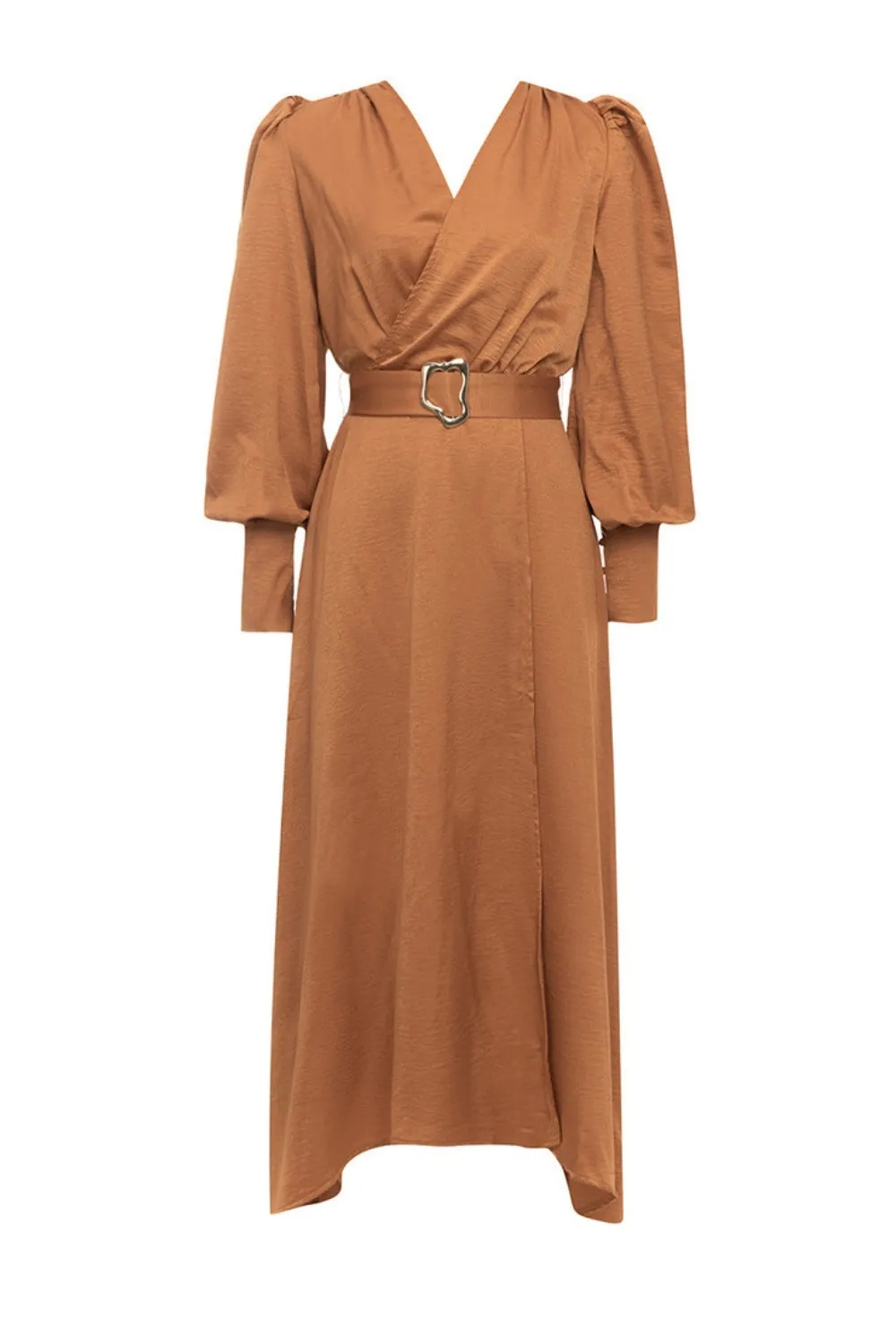 Camel A-Line Wrap V Neck Long Sleeves Long Prom Dress with Belt sold by Zapaka product image thumbnail 5