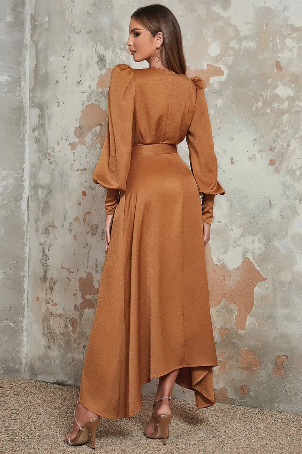 Camel A-Line Wrap V Neck Long Sleeves Long Prom Dress with Belt sold by Zapaka product image thumbnail 2